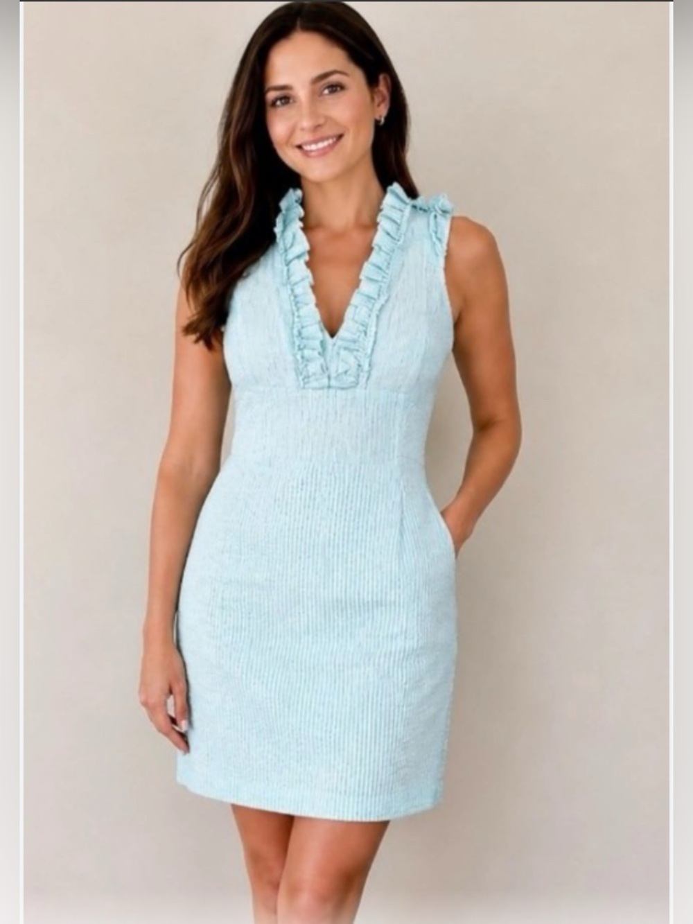 Lilly Pulitzer Adeline Blue Seersucker Ruffle Shift Dress 12